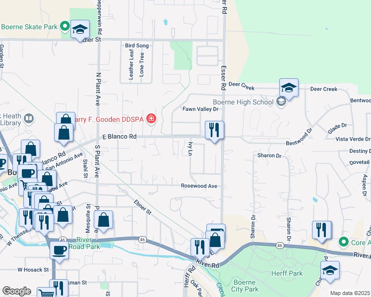 map of restaurants, bars, coffee shops, grocery stores, and more near 216 Ivy Lane in Boerne