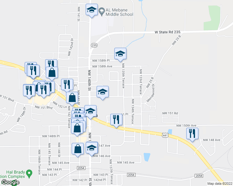 map of restaurants, bars, coffee shops, grocery stores, and more near 15426 Northwest 136th Terrace in Alachua