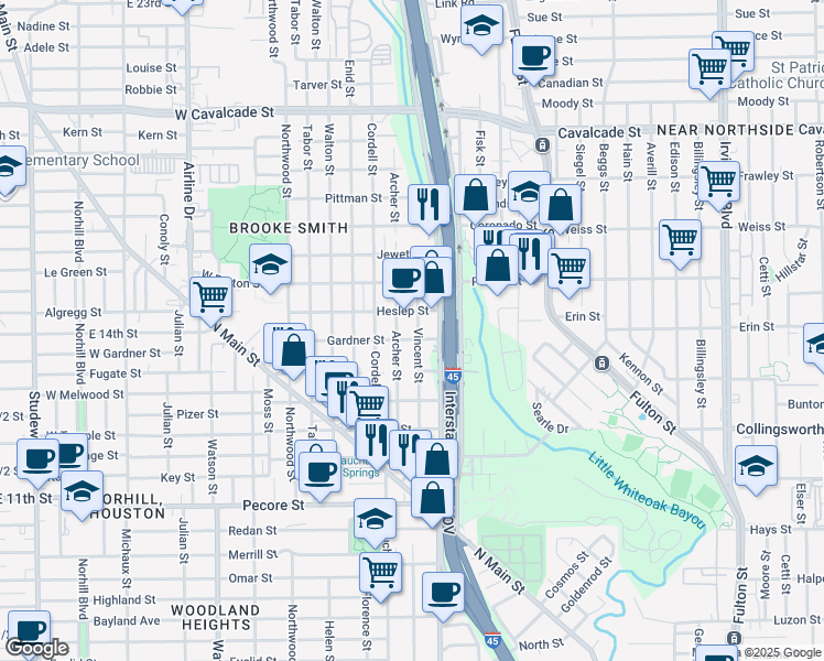 map of restaurants, bars, coffee shops, grocery stores, and more near 603 Vincent Street in Houston