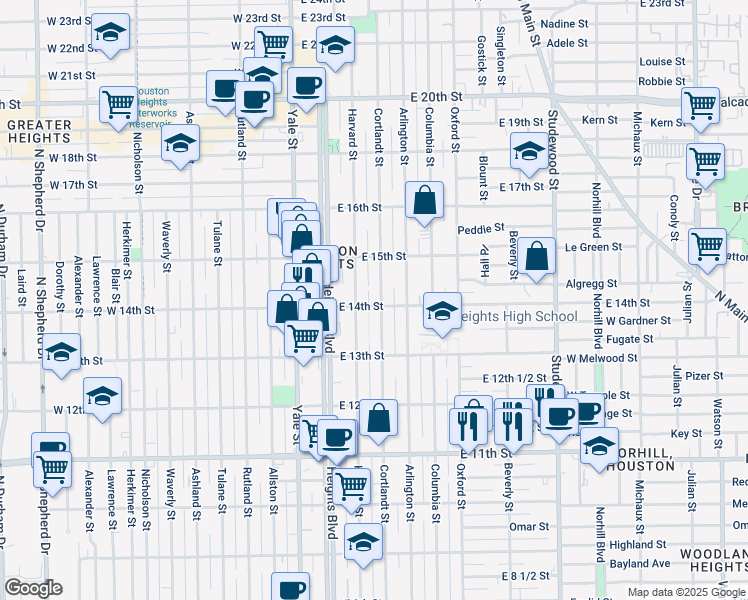 map of restaurants, bars, coffee shops, grocery stores, and more near 1401 Cortlandt Street in Houston
