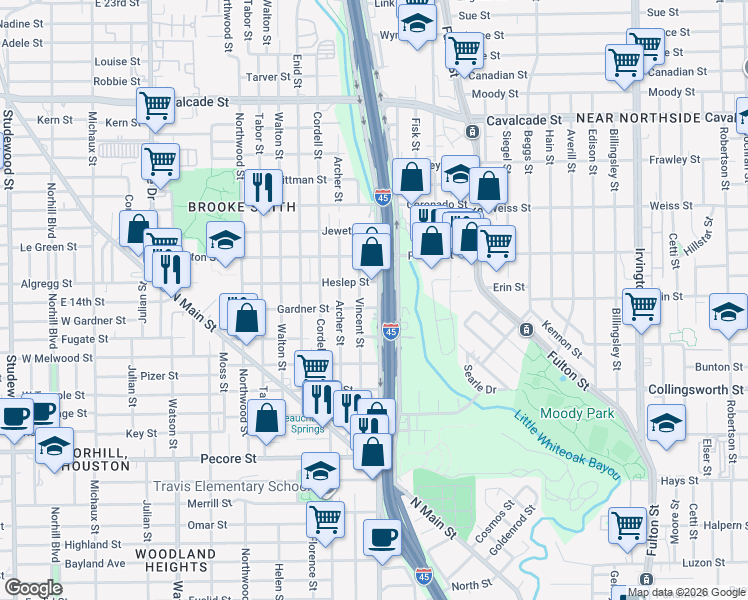 map of restaurants, bars, coffee shops, grocery stores, and more near 513 Vincent Street in Houston