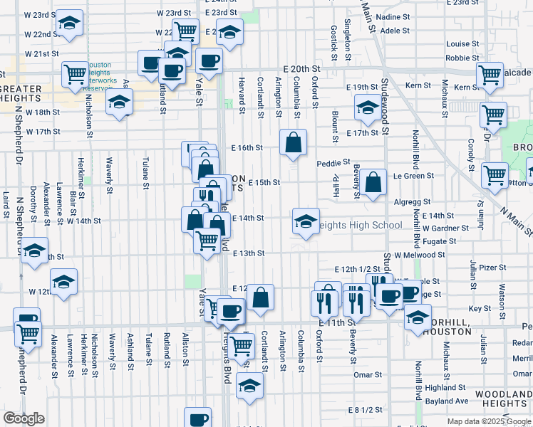 map of restaurants, bars, coffee shops, grocery stores, and more near 301 East 14th Street in Houston