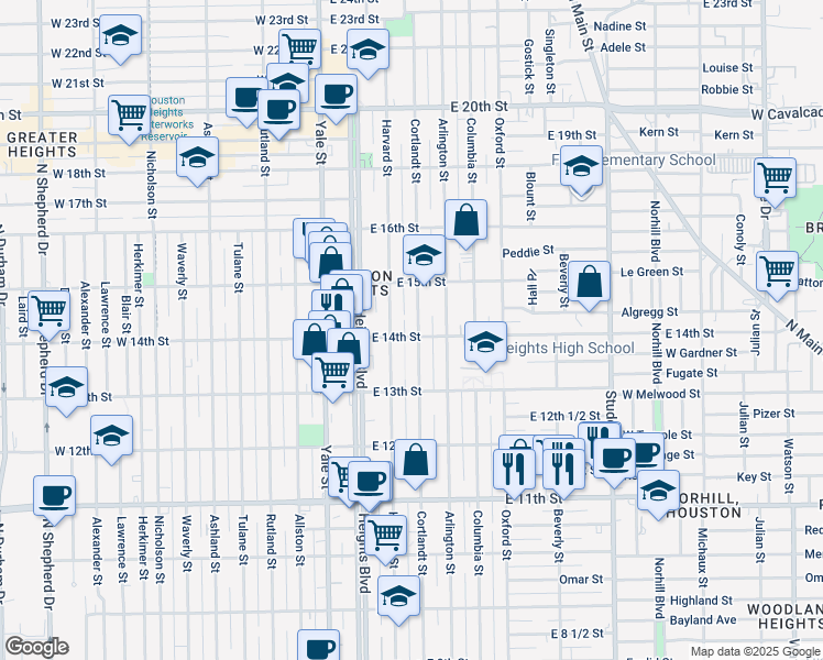 map of restaurants, bars, coffee shops, grocery stores, and more near 1341 Cortlandt Street in Houston