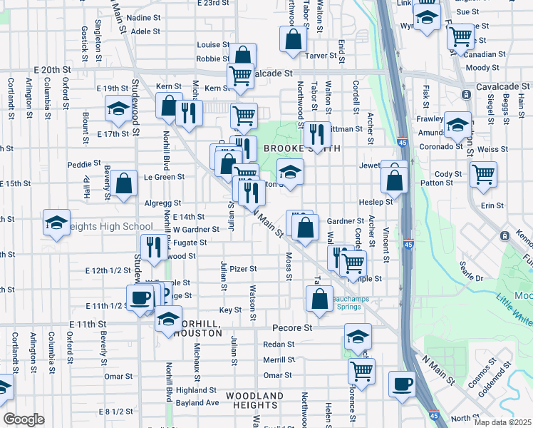 map of restaurants, bars, coffee shops, grocery stores, and more near 4513 North Main Street in Houston