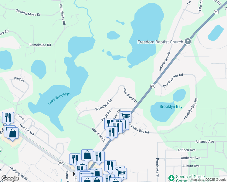map of restaurants, bars, coffee shops, grocery stores, and more near 6542 Woodland Drive in Keystone Heights