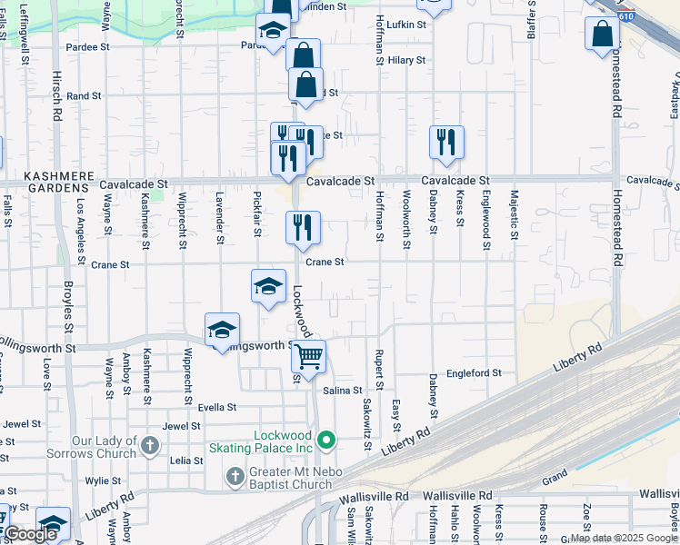 map of restaurants, bars, coffee shops, grocery stores, and more near 5513 Makeig Street in Houston
