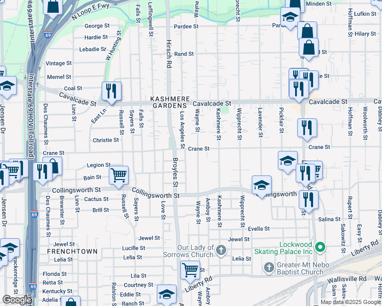 map of restaurants, bars, coffee shops, grocery stores, and more near 3822 Los Angeles Street in Houston
