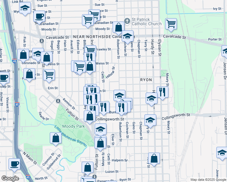 map of restaurants, bars, coffee shops, grocery stores, and more near 1012 Shelby Street in Houston