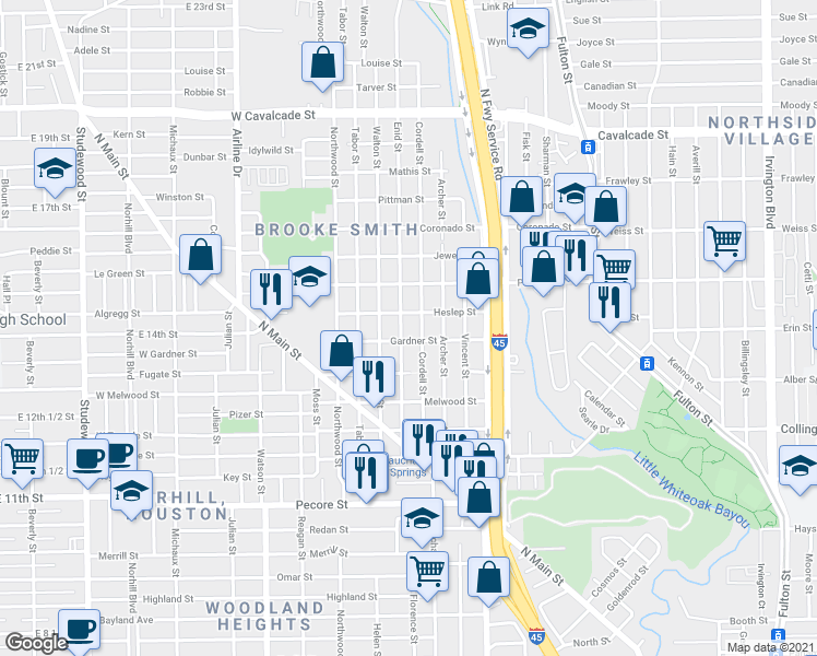 map of restaurants, bars, coffee shops, grocery stores, and more near 506 Cordell Street in Houston