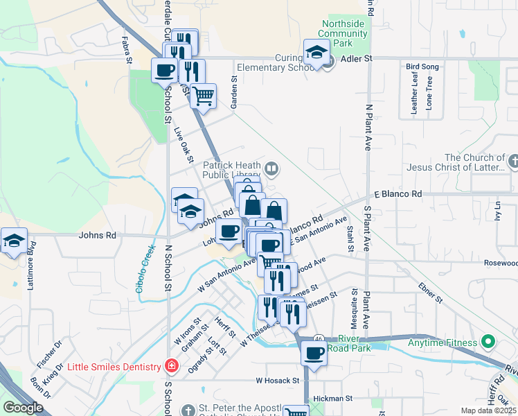 map of restaurants, bars, coffee shops, grocery stores, and more near 101-299 Ryan Street in Boerne