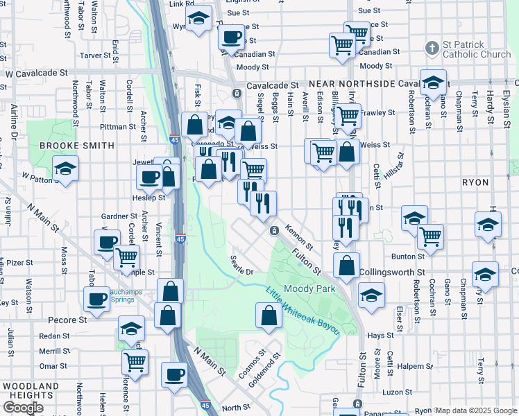 map of restaurants, bars, coffee shops, grocery stores, and more near 3917 Fulton Street in Houston