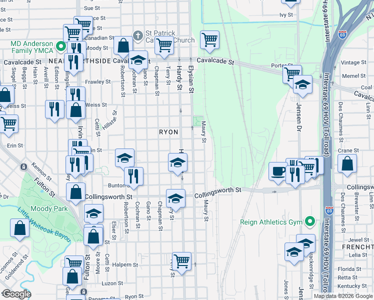 map of restaurants, bars, coffee shops, grocery stores, and more near 3902 Hardy Street in Houston
