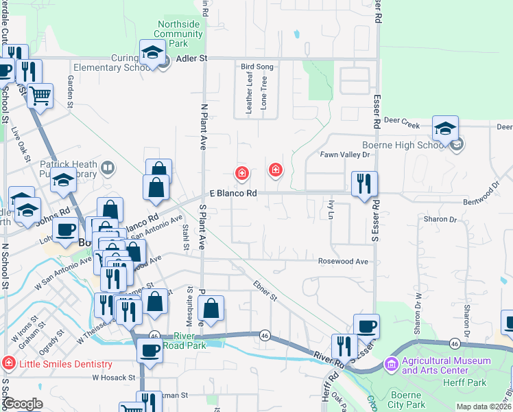 map of restaurants, bars, coffee shops, grocery stores, and more near 217 Dawnridge in Boerne