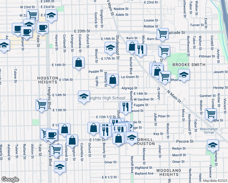 map of restaurants, bars, coffee shops, grocery stores, and more near 1407 Studewood Street in Houston