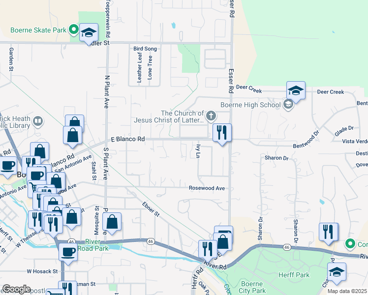 map of restaurants, bars, coffee shops, grocery stores, and more near 216 Ivy Lane in Boerne
