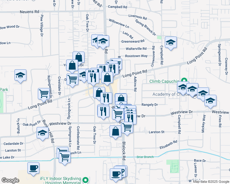 map of restaurants, bars, coffee shops, grocery stores, and more near 1428 Blalock Road in Houston