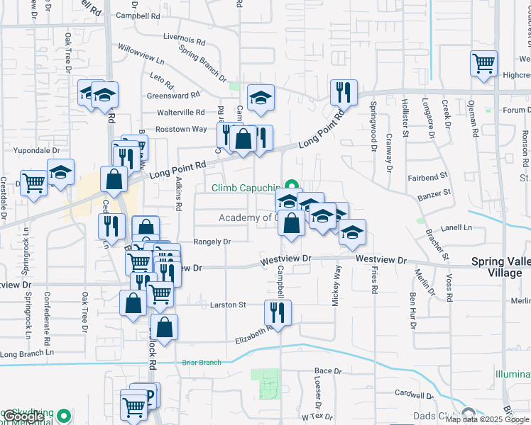 map of restaurants, bars, coffee shops, grocery stores, and more near 1515 Campbell Road in Houston