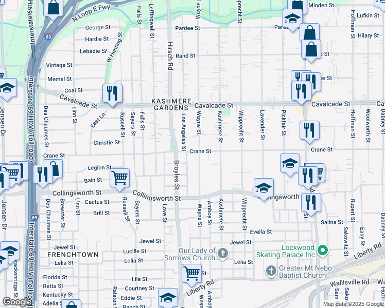 map of restaurants, bars, coffee shops, grocery stores, and more near 3822 Los Angeles Street in Houston