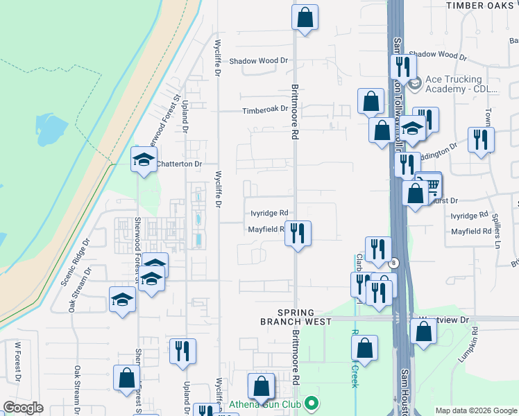 map of restaurants, bars, coffee shops, grocery stores, and more near 10947 Ivyridge Road in Houston