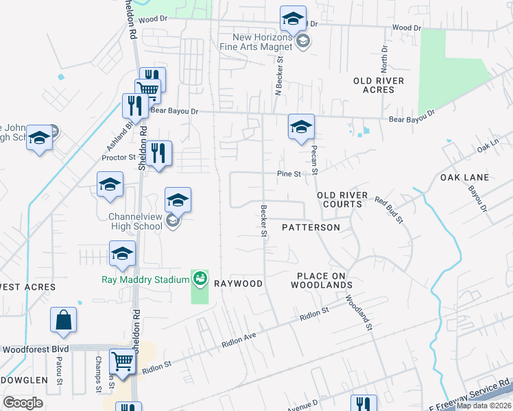 map of restaurants, bars, coffee shops, grocery stores, and more near 1031 Becker Street in Channelview