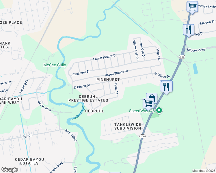 map of restaurants, bars, coffee shops, grocery stores, and more near 7103 Chickasaw Street in Baytown