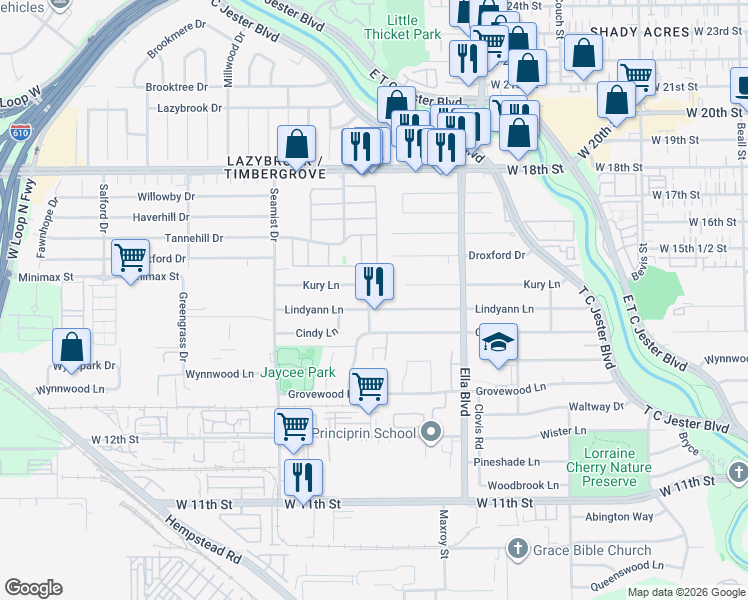 map of restaurants, bars, coffee shops, grocery stores, and more near 6606 Kury Lane in Houston