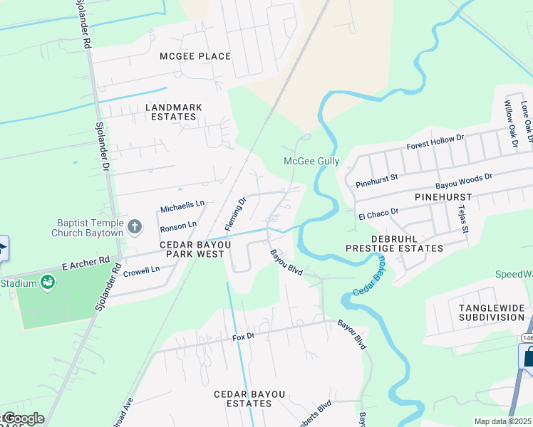 map of restaurants, bars, coffee shops, grocery stores, and more near 3606 Fleming Drive in Baytown
