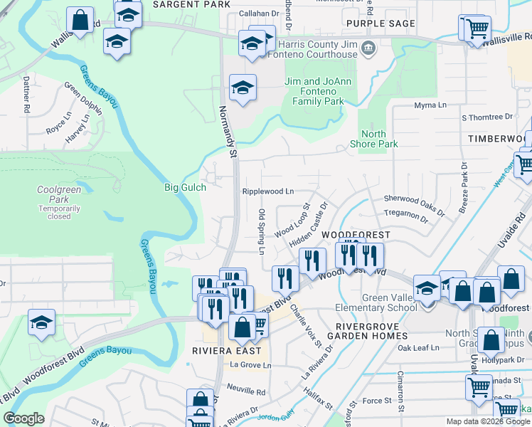 map of restaurants, bars, coffee shops, grocery stores, and more near 12803 Woodlite Lane in Houston