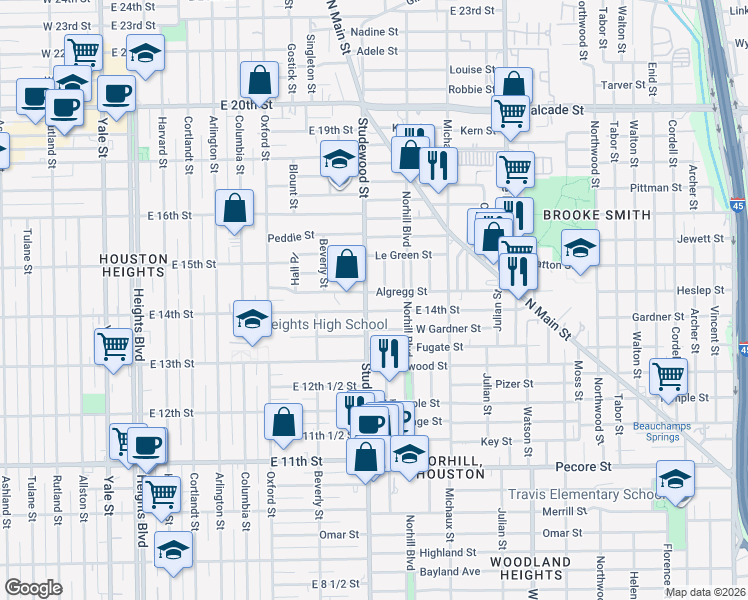 map of restaurants, bars, coffee shops, grocery stores, and more near 840 Ralfallen Street in Houston