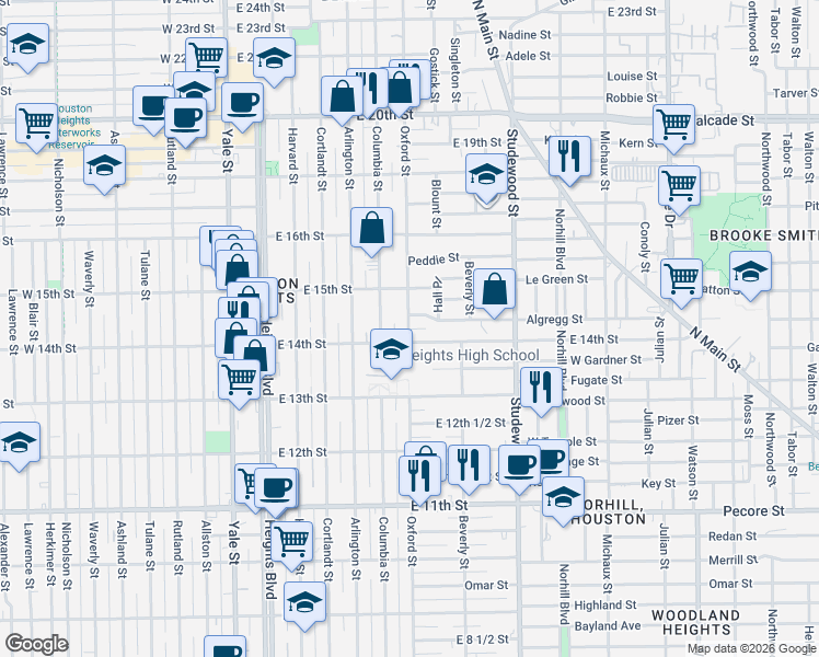 map of restaurants, bars, coffee shops, grocery stores, and more near 1423 Oxford Street in Houston