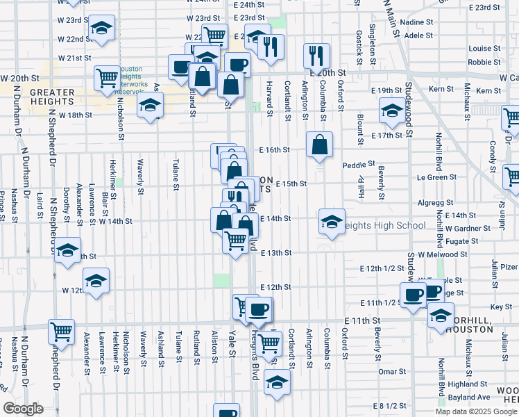 map of restaurants, bars, coffee shops, grocery stores, and more near 1440 Heights Boulevard in Houston