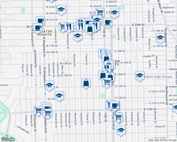 map of restaurants, bars, coffee shops, grocery stores, and more near 1435 Rutland Street in Houston