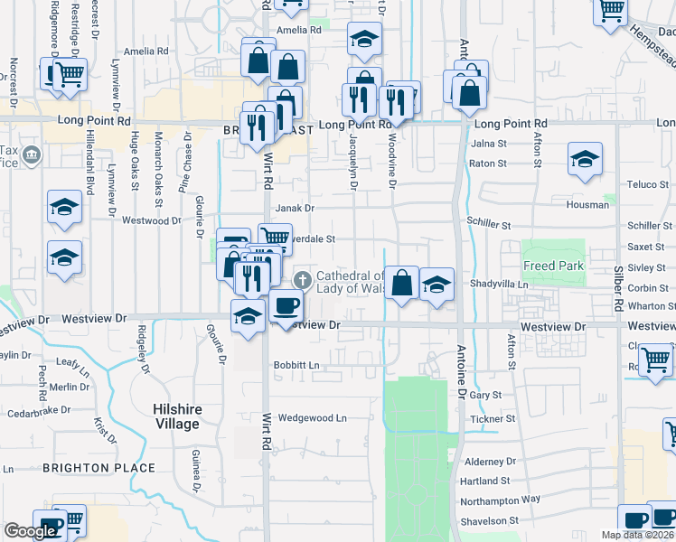 map of restaurants, bars, coffee shops, grocery stores, and more near 1509 Jacquelyn Drive in Houston