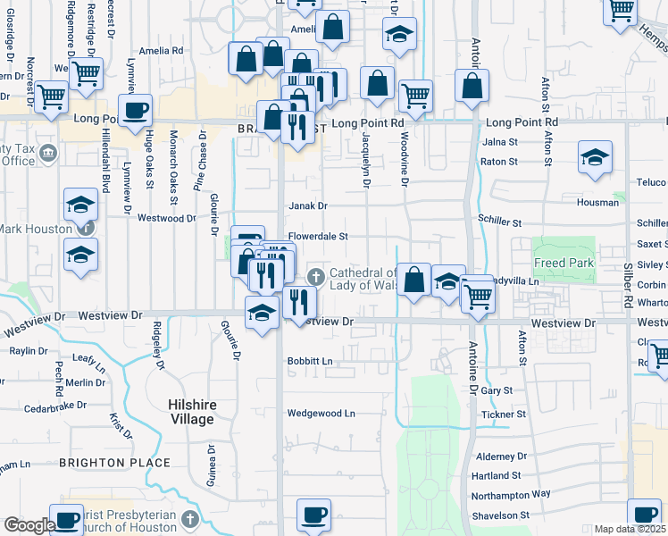 map of restaurants, bars, coffee shops, grocery stores, and more near in Houston