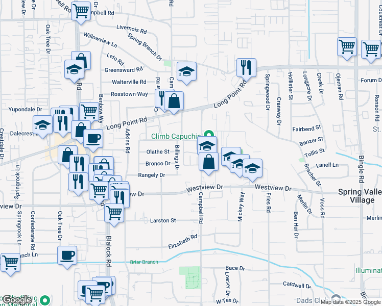 map of restaurants, bars, coffee shops, grocery stores, and more near 1450 Billings Drive in Houston