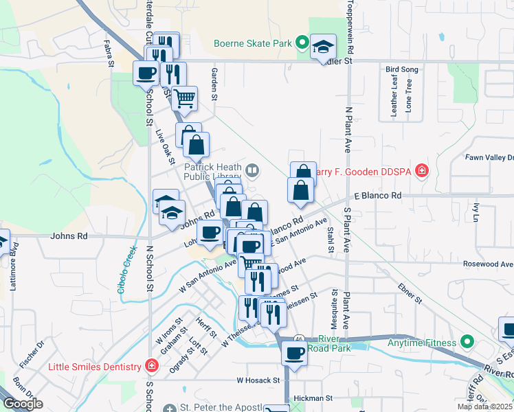 map of restaurants, bars, coffee shops, grocery stores, and more near Johns Road in Boerne