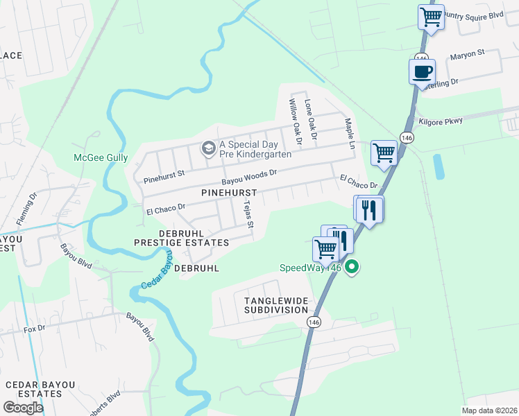 map of restaurants, bars, coffee shops, grocery stores, and more near 7123 Seminole Street in Baytown