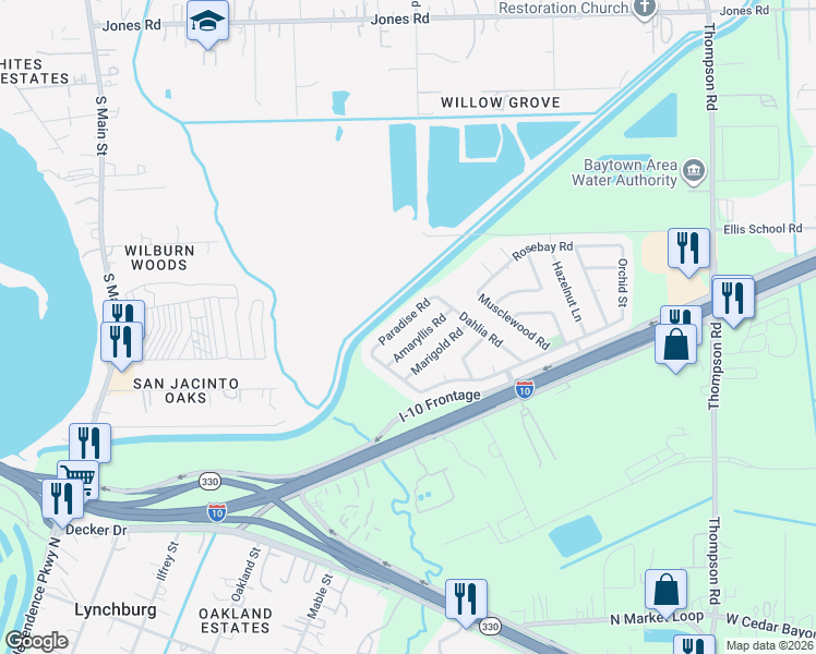 map of restaurants, bars, coffee shops, grocery stores, and more near 914 Paradise Road in Baytown