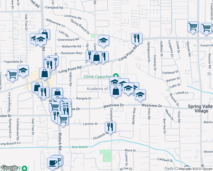map of restaurants, bars, coffee shops, grocery stores, and more near 9101 Pecos Street in Houston