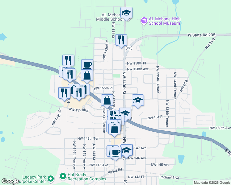 map of restaurants, bars, coffee shops, grocery stores, and more near 15535 Northwest 141 Street in Alachua