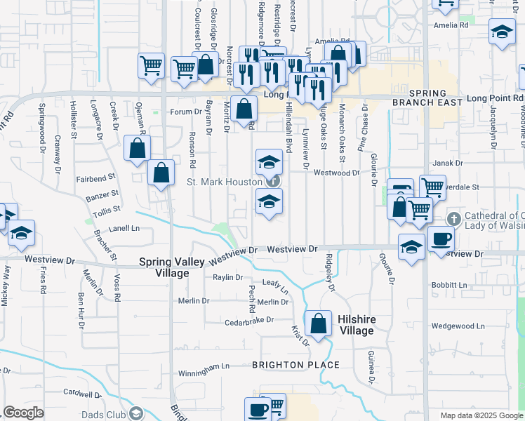 map of restaurants, bars, coffee shops, grocery stores, and more near 1502 Pech Road in Houston