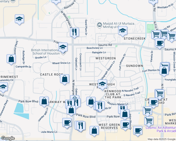 map of restaurants, bars, coffee shops, grocery stores, and more near 2022 Wheathall Camp Lane in Katy