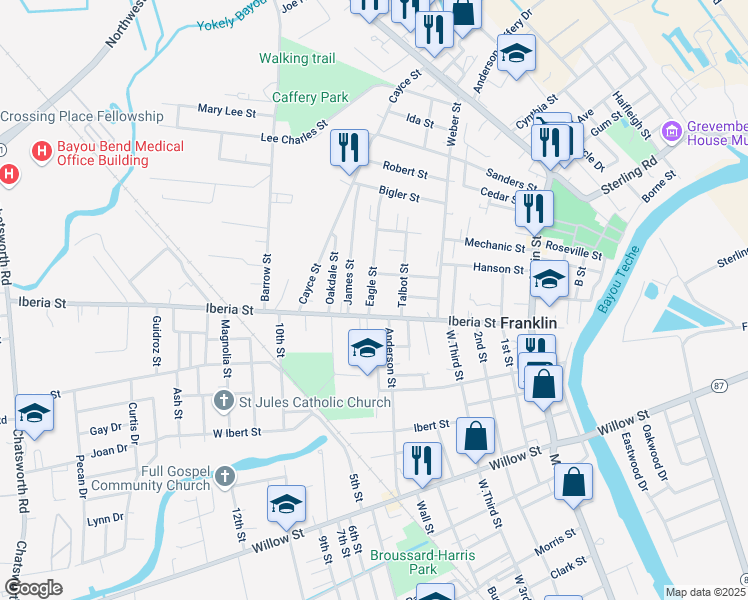 map of restaurants, bars, coffee shops, grocery stores, and more near 607-629 Boudreaux Street in Franklin