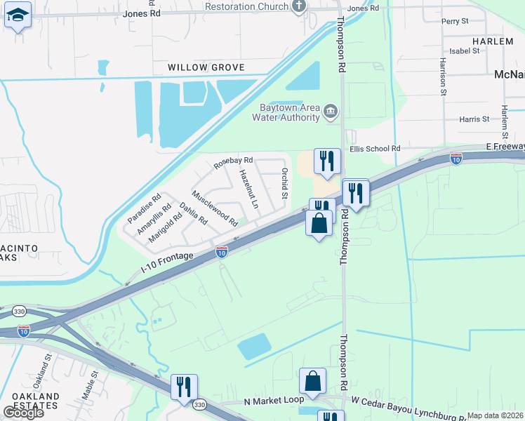 map of restaurants, bars, coffee shops, grocery stores, and more near 6906 Hazelnut Lane in Highlands