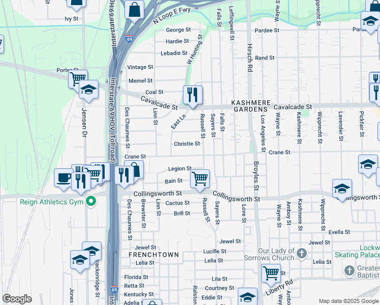 map of restaurants, bars, coffee shops, grocery stores, and more near 3610 Christie Street in Houston