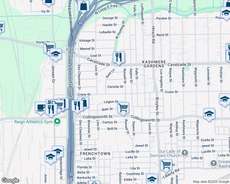 map of restaurants, bars, coffee shops, grocery stores, and more near 3610 Christie Street in Houston