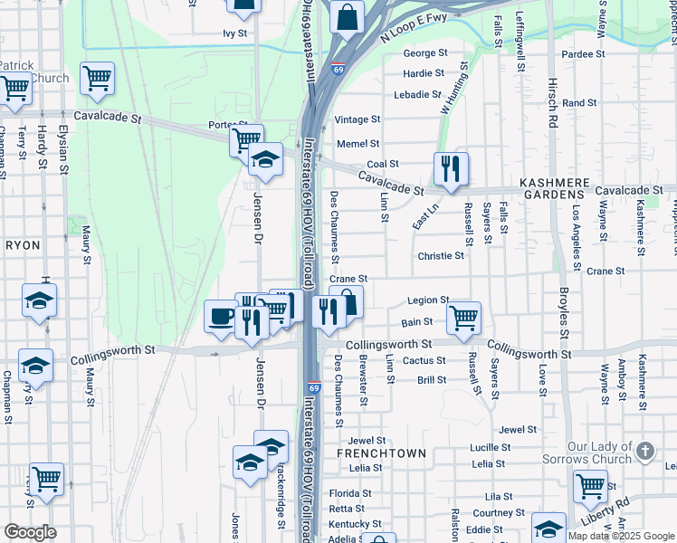 map of restaurants, bars, coffee shops, grocery stores, and more near 3602 Des Chaumes Street in Houston
