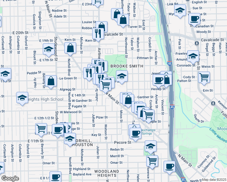 map of restaurants, bars, coffee shops, grocery stores, and more near 4412 Edsee Street in Houston