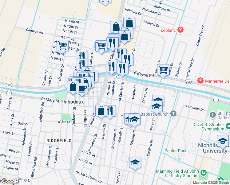 map of restaurants, bars, coffee shops, grocery stores, and more near 200-206 East 3rd Street in Thibodaux