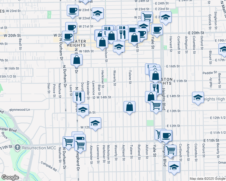 map of restaurants, bars, coffee shops, grocery stores, and more near 1421 Waverly Street in Houston